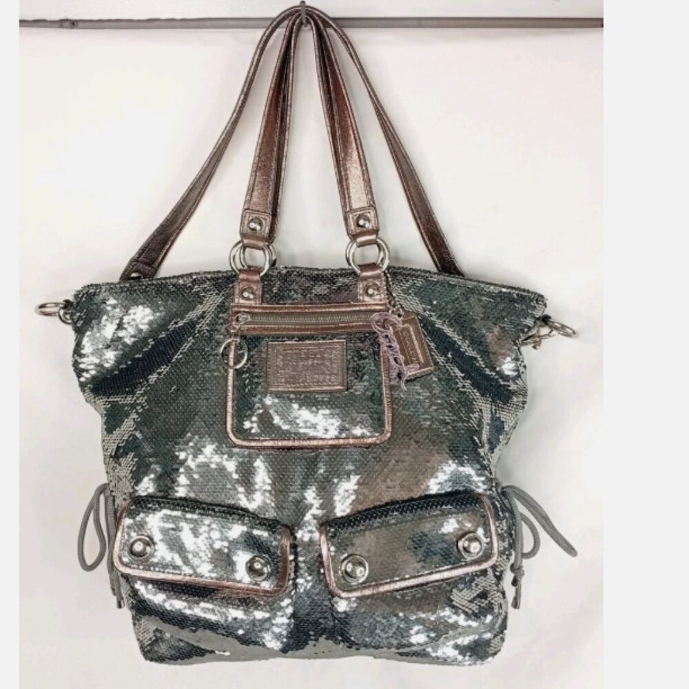 VTG Coach 13838 Poppy Sequin Spotlight Collection XL Tote Silver/Graphite w/Tag
